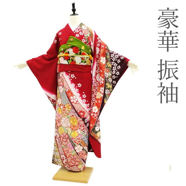 

[Used] Furisode, recycled kimono, pure silk, sash, gold piece embroidery, gold painting, peony, cherry blossoms, red background, flower classic,