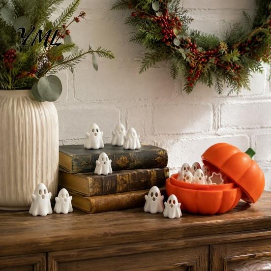 Cute Ghost Figurine Pumpkin Bucket with Mini Ghosts, Halloween Candy Bowl, 3D Printed PLA Ornaments Figurines, Party Snack Holder for Farmhouse