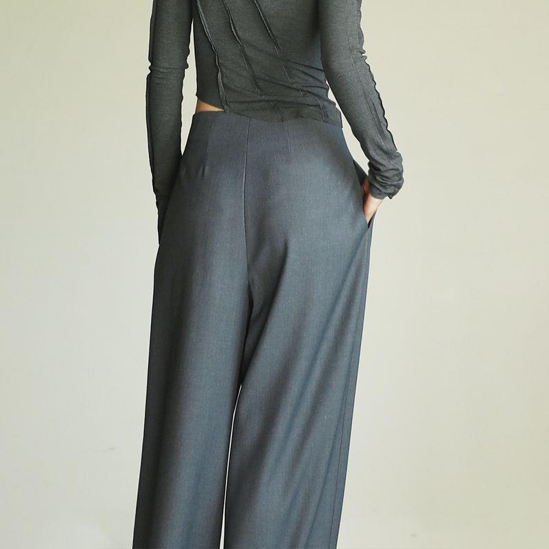 Gray High-Waisted Wide-Leg Suit Pants for Women: Drape Design, Hip-Covering, Slimming, Straight-Leg, Cinched Waist for Pear-Shaped Bodies.