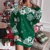 Winter Long Sleeve Loose Print Christmas Party Dress Women Elegant Skew Collar Red Casual Dresses Women Vintage Fashion Thin Sexy Short Dress 25873