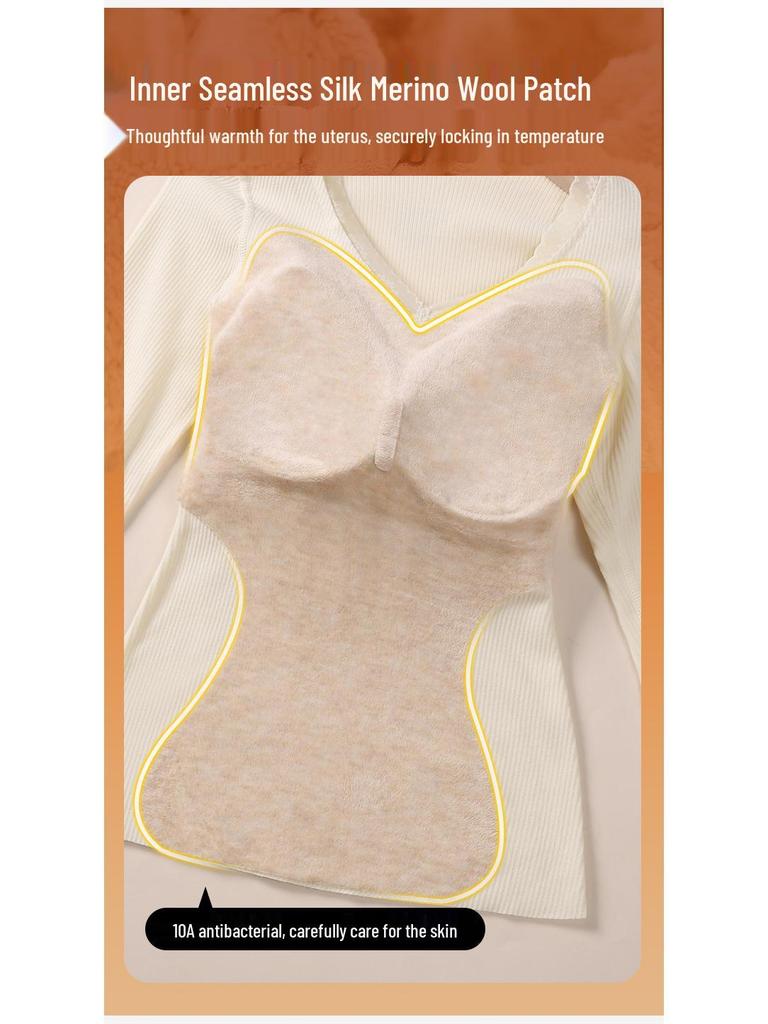 Women’s Cashmere Silk Slimming Underwear Set with Built-In Bra: Warm Cotton-Wool Long Sleeve Top & Bottoms for Autumn/Winter