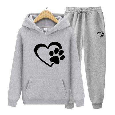 2024 Trainingsanzug 2-teiliges Set Langarm Kleine Bärenfußabdrücke Sweatshirts für Herren Damen Kapuzenpullover Herz-Print Sweatshirt Oberteil Jacke Mantel