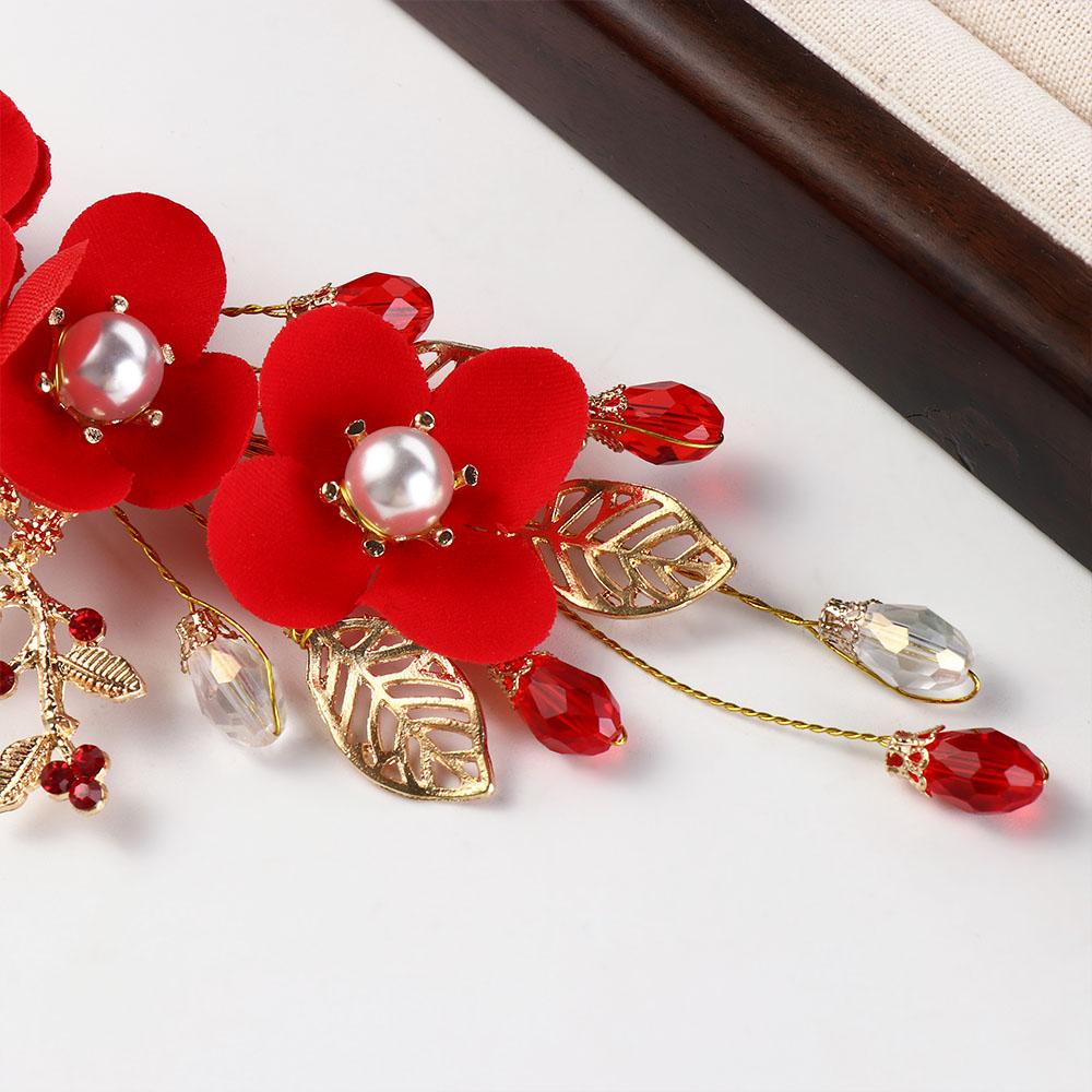 Pearl Red Flower Bride Festival Hairpins Women Barrettes Duckbill Clips Chinese Hanfu Hair Clips