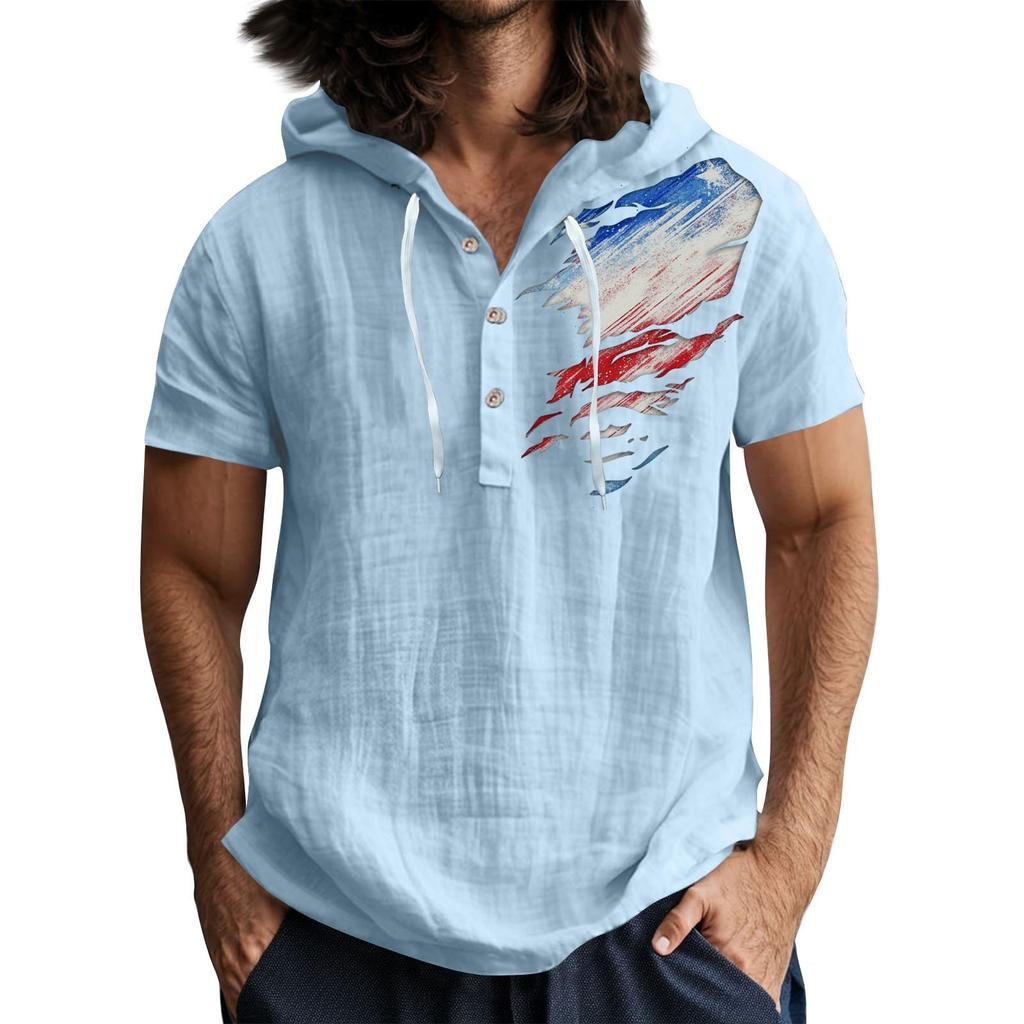 Męska koszulka z krótkim rękawem i kapturem, zapinana na guziki, z odkrytym dekoltem