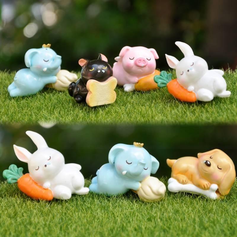 Adorable Resin Miniature Sleeping Animals Cute Pig Rabbit Cat Dog For Diy Fairy Garden