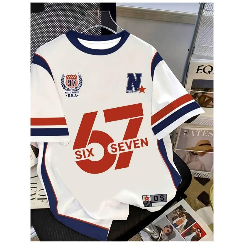 2026 Summer New Women Number 67 Personality American Casual Digital Print T Shirt Summer Women Beach Girl Short Sleeved Top