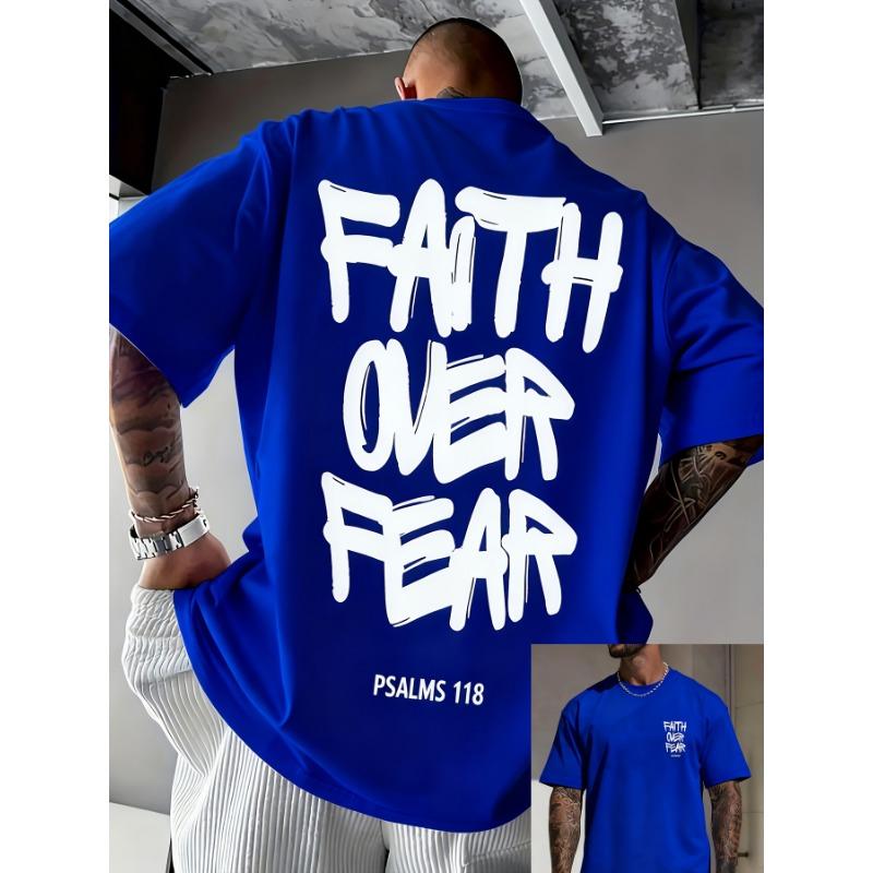 T-shirt estiva da uomo casual alla moda larga con stampa di lettere FAITH OVER FEAR a girocollo a maniche corte