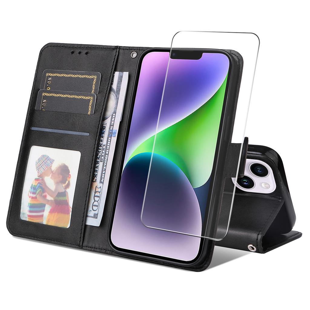 For iPhone 15 PU Leather Wallet Case Phone Stand Cover with Tempered Glass