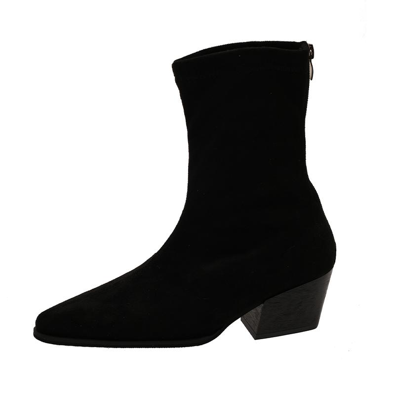 

Winter Fashion Back Zipper Concise Short Booties Sexy Thin Square Heel Pointed Toe Ankle Boots High Quality Woman Party Shoes 42 чорний