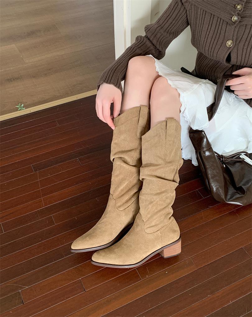 

Длинные рыцарские сапоги на толстом каблуке с плиссировкой женская обувь 2025 новая осень-зима западные тонкие длинные сапоги 39 абрикосовый