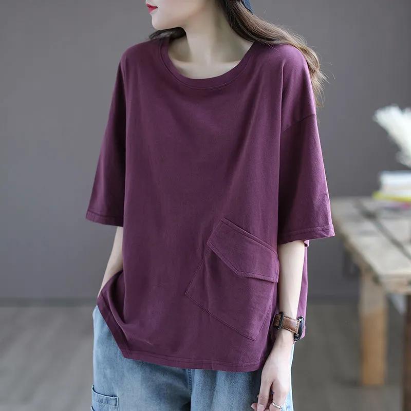 Women's Summer Thin Round Neck Short Sleeve Loose T-Shirt Design Literary Solid Color Front Pocket Top