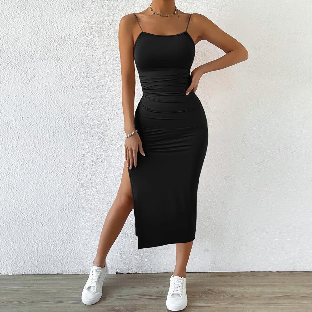 2024 Spring Women's European & American Backless Bodycon Sling Dress with Slit