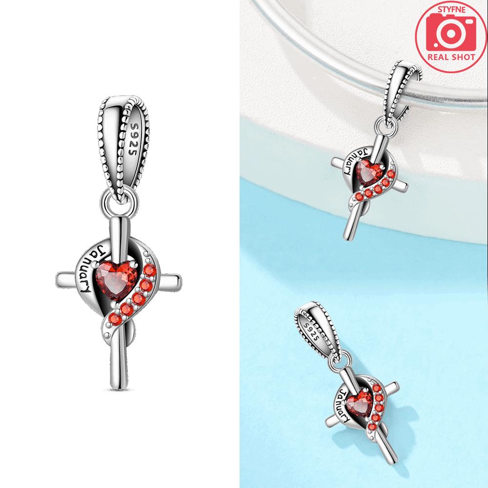 Original Red Zircon Birthstone Pendant Blue Gemstone Heart Cross Bead Fit Bracelet Copper Women Jewelry Accessory Charm Gift