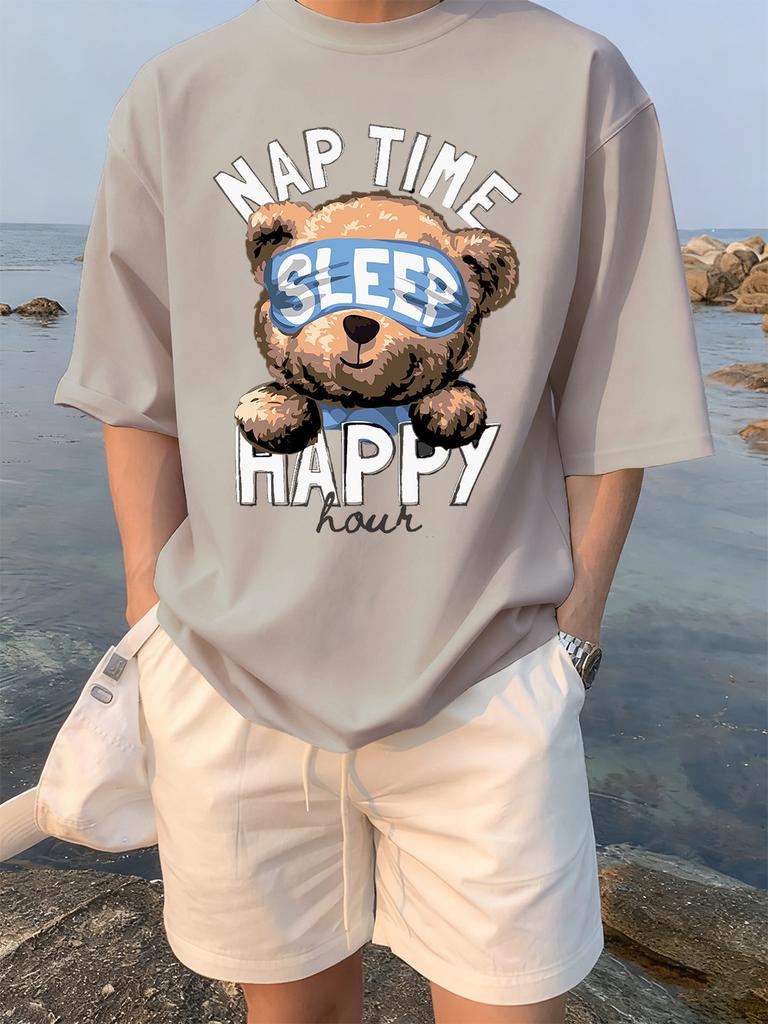 Cartoon Bear Nap Time Happy Prints TShirts Womens Cotton Summer Short Sleeve Tees Soft Loose ONeck Tops Casual Womans Clothes