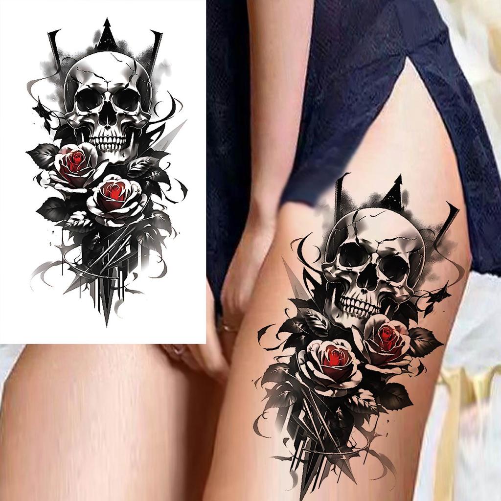 1 Blatt Temporäre Skelett-Tattoos für Damen Herren Fake Death Totenkopf Blume Tattoo Aufkleber Körperkunst Zeichnung Arm Unterarm Taille Rücken