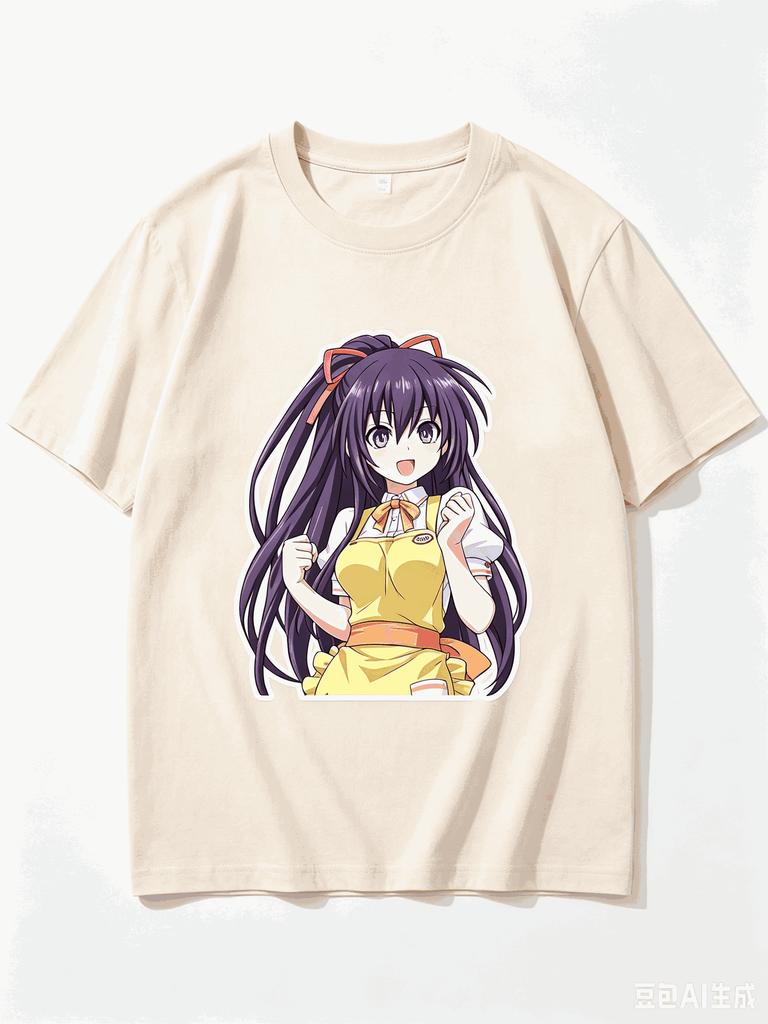 Tohka Yatogami Date A Live Yellow Apron Cheerful Pose Anime Sticker Graphic Crew Neck Short Sleeve T Shirt