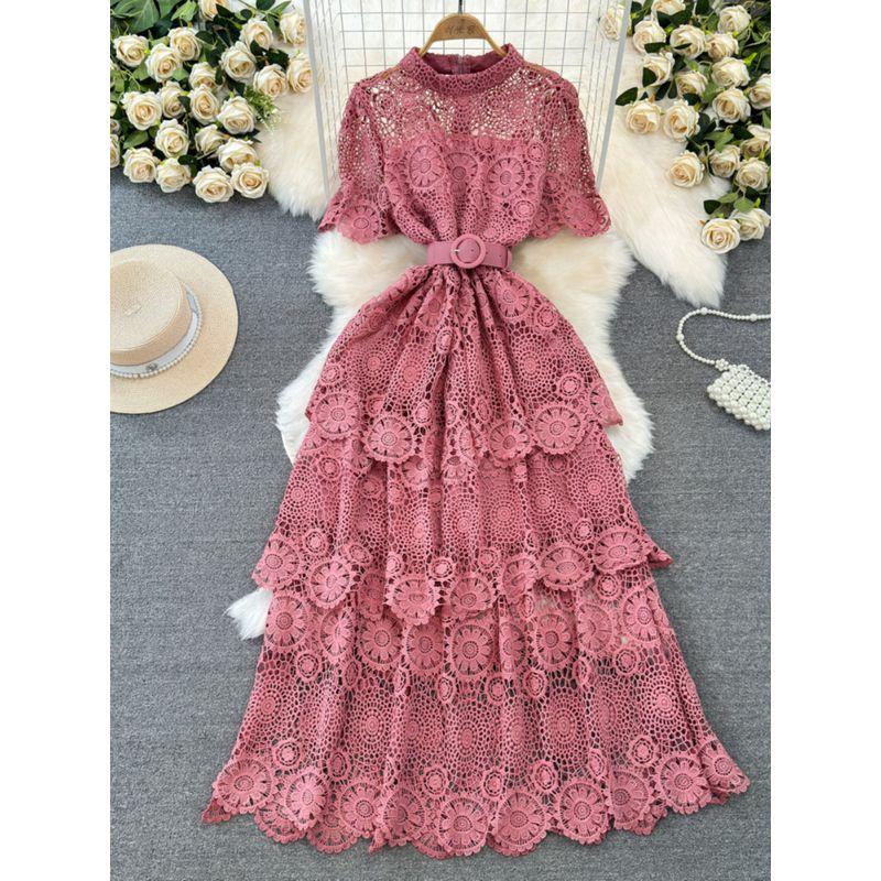 Ladies Single-Breasted Water Soluble Lace Dress Short Sleeve