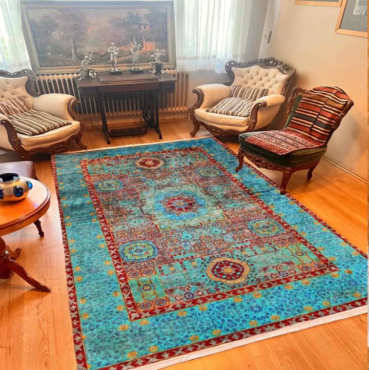 Turquoise Persian Style Area Rug Vintage Teal Carpet Machine Washable Home Rugs 40x60cm