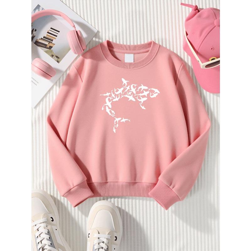 Classic Girls' Fashionable Cute Crewneck SweatshirtShark Silhouette Pattern Design Long-sleeved Design