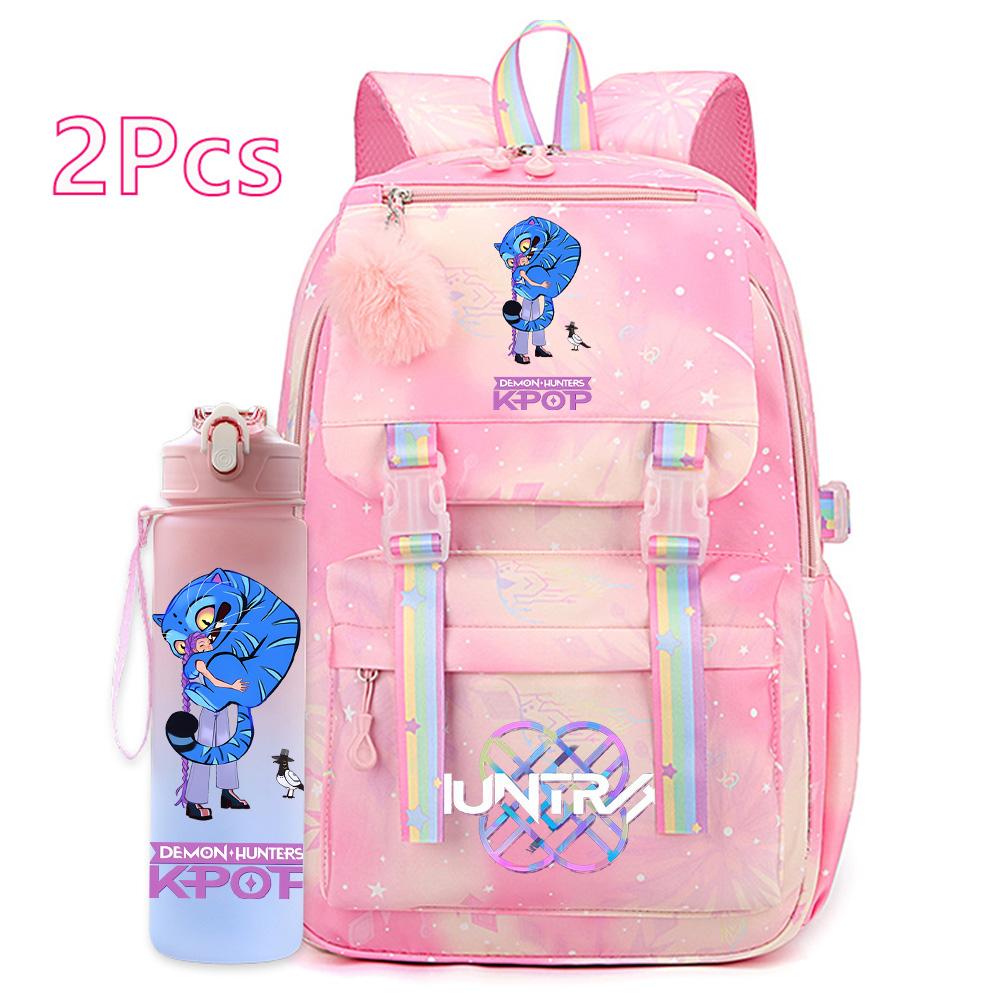 2Pcs/set Cute K-Pop Demon Hunters Printed Backpack with 750Ml Water Bottler for Teenager Student Girl Boy Large Capacity Waterproof Bookbag Travel Bag