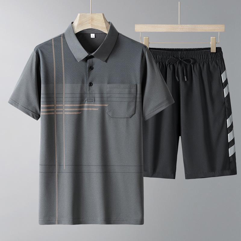 Men's Summer Ice Silk Casual Two-Piece Set: Short-Sleeved Shirt and Loose Shorts for Middle-Aged and Elderly