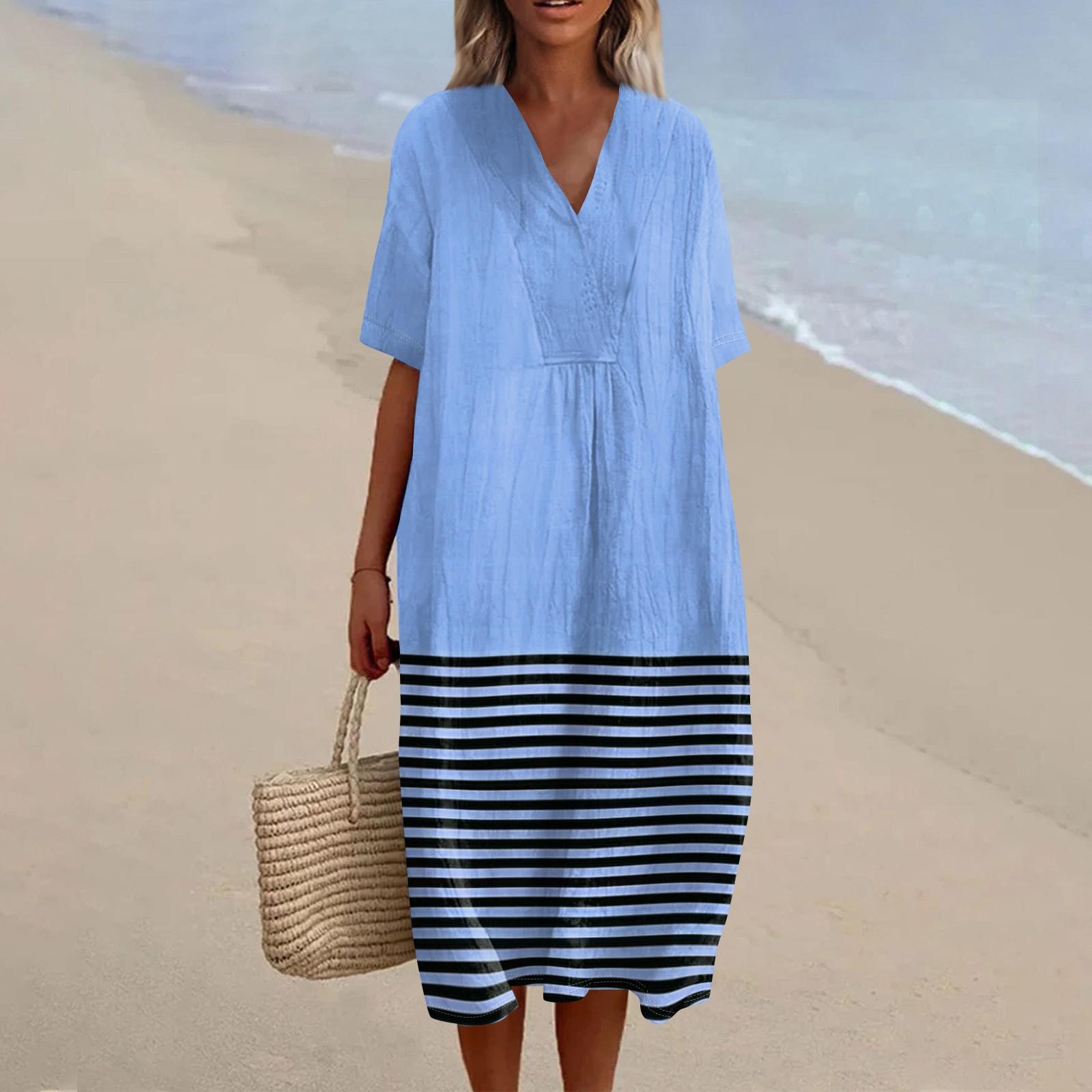 

Женское свободное повседневное модное платье с V-образным вырезом и принтом, пляжная юбка XL небесно-голубой