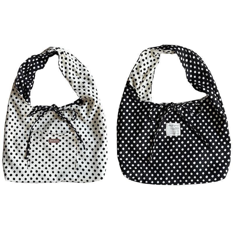 Korean Dots Shoulder Handbag Double-sided Wearable Large Capacity Tote Bag for Women Office Commuting