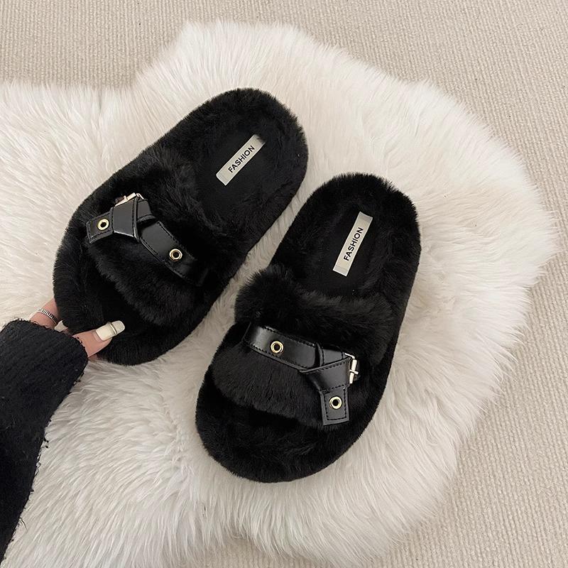 Hairy Slippers Women Wear Thick Soles 2025 New Spring and Autumn Internet Celebrities Word Home Cute Furry Cotton Drag Winter