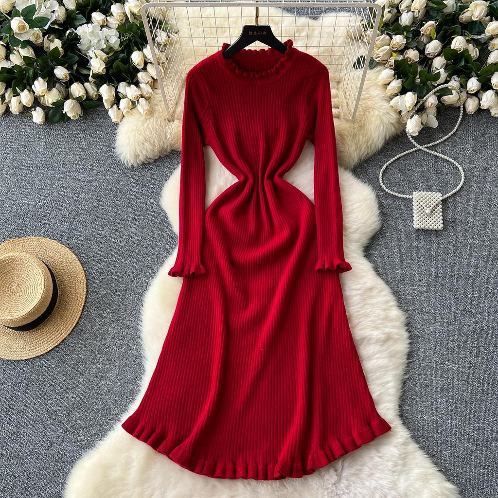French Sweet  Elega O Neck Solid Knit Long Sleeve Ruffle Dress Women Basics Fashion Summer Spring Dress