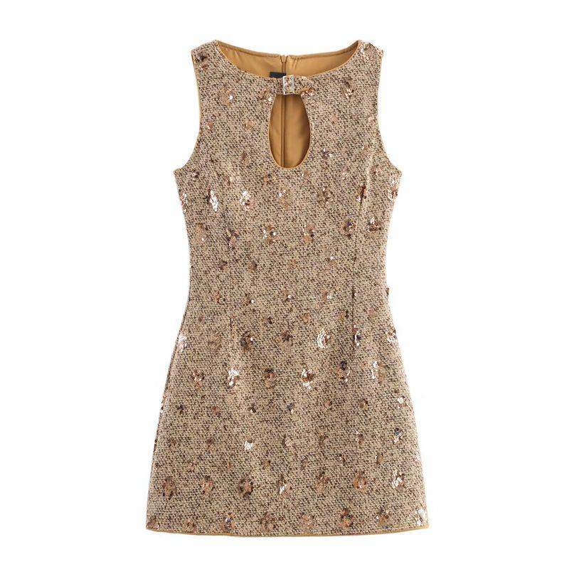 Kaslead New Women Clothes Western Style Fashion Simple Slimming Sequin Graceful Dress