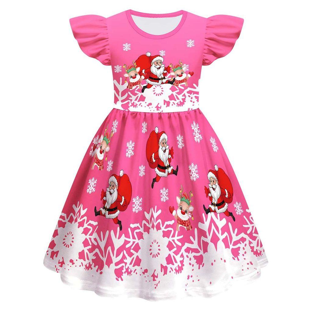 Kids Girls Cartoon Santa Claus Christmas Tree Elk Print Ruffle Sleevess New Year Dress