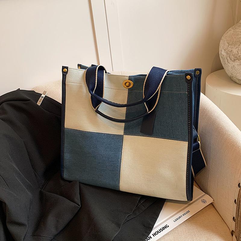 Korean version contrasting denim handbag women's 2025 new fashionable large-capacity tote bag retro messenger bag