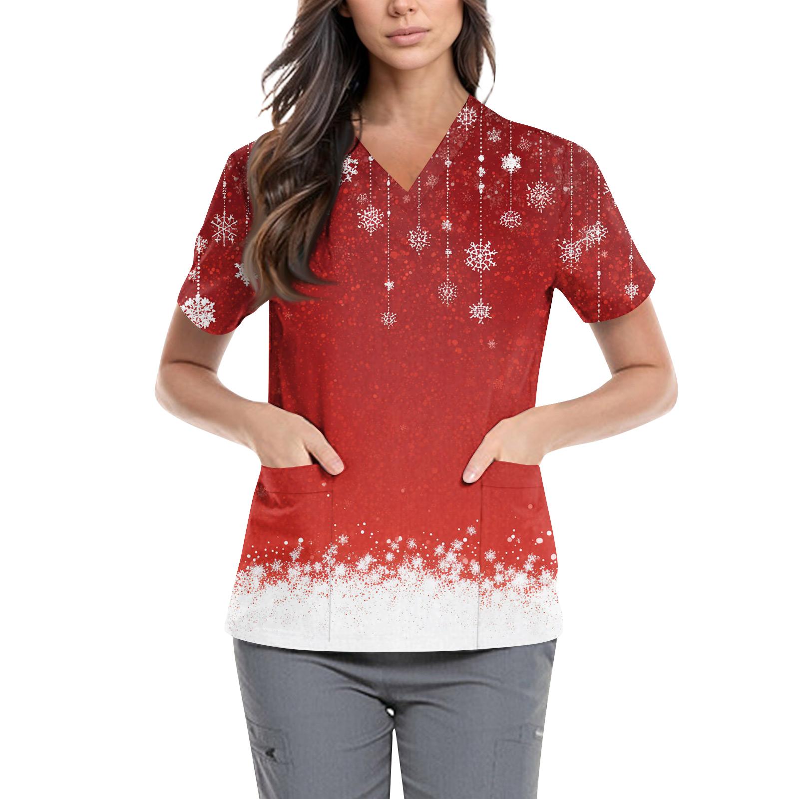 

Женская симпатичная принтованная рабочая одежда с V-образным вырезом, двухслойными карманами, базовым коротким рукавом, пуловером ко Дню святого Валентина XL белый