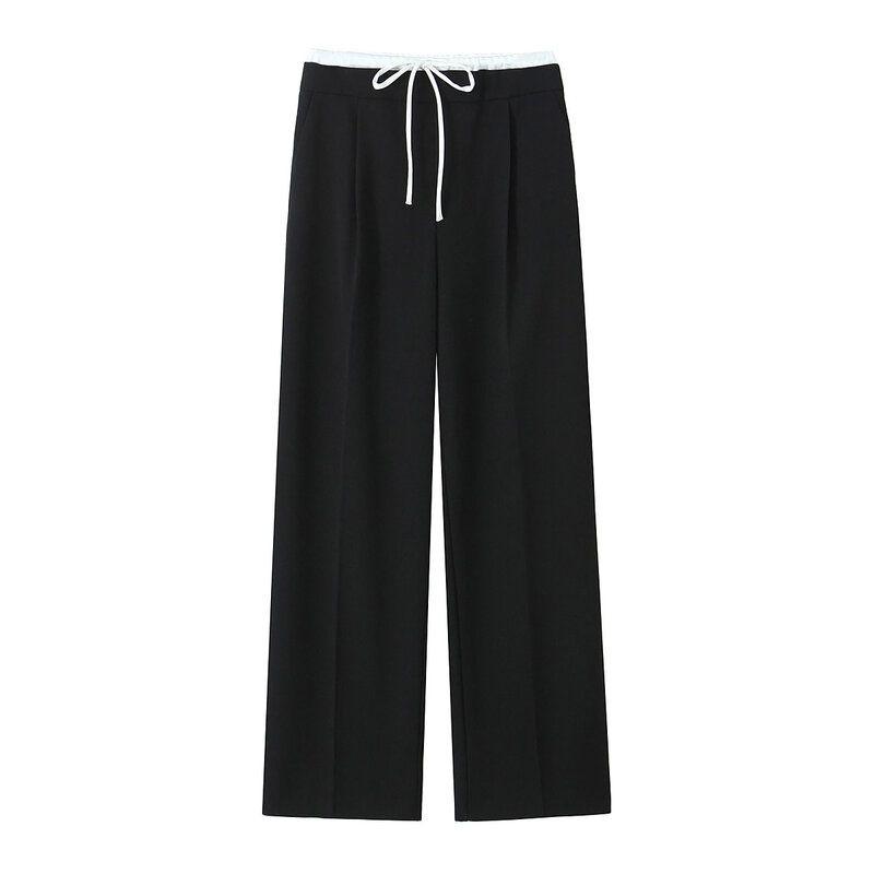 

Fashion Style Spring New Arrival High Waist Double-Layer Wide-Leg Pants Black L