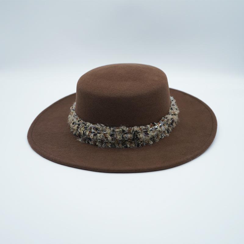 Cappello a tesa piatta vintage color caramello, stile francese, per donna, autunno e inverno, in feltro di lana, elegante stile britannico, cappello Panama a tesa piatta