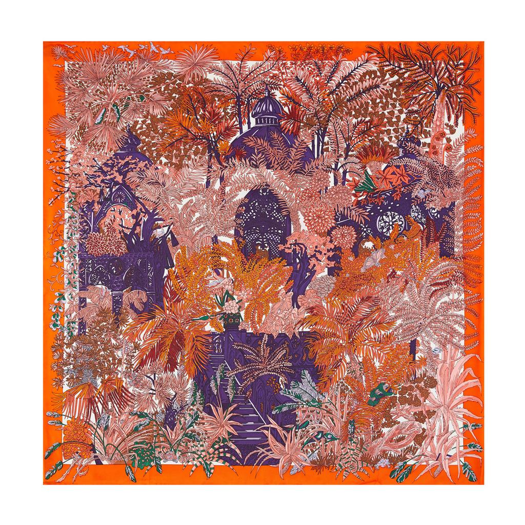 90cm "Palaces in the jungle" Luxury Brand Scarf Women Bandana Handmade Curled Twill Silk Square Hijab Scarf Foulard Head Scarves