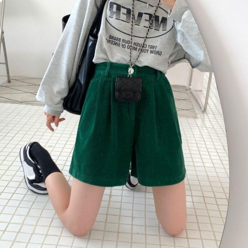 Corduroy Shorts for Women Autumn Winter Vintage Style Clothing Solid Wide-leg Shorts Casual Elastic Waist A-line Pants