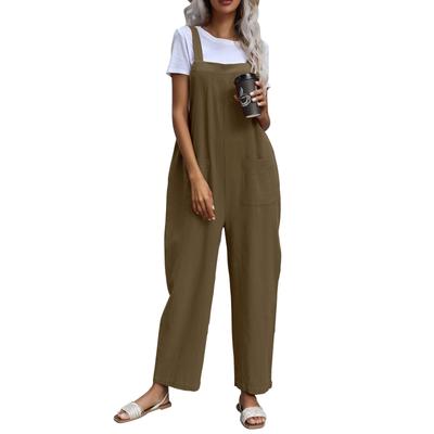 Women's Fashion Summer Bib Pants Cotton And Linen Loose Pocket Casual Jumpsuit
