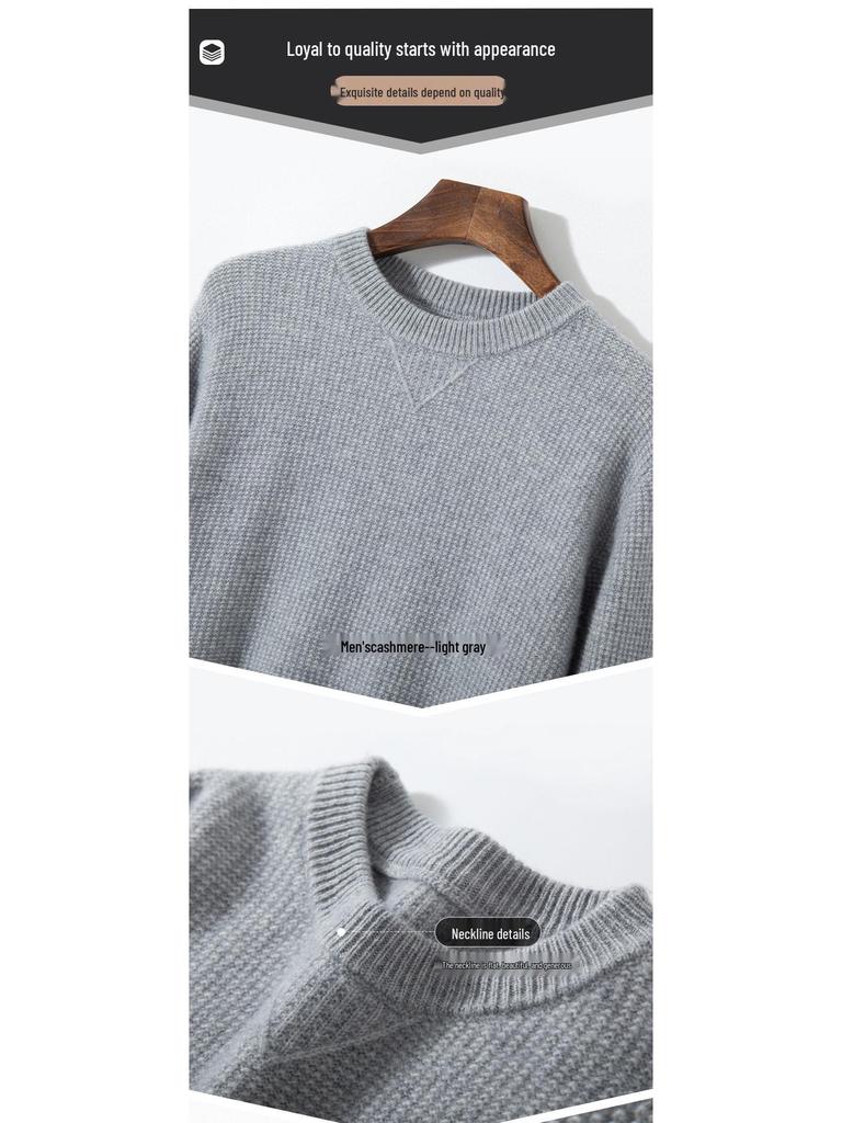 Men's Pure Cashmere Autumn/Winter Round Neck Sweater - Thick Knitted Long Sleeve Pullover