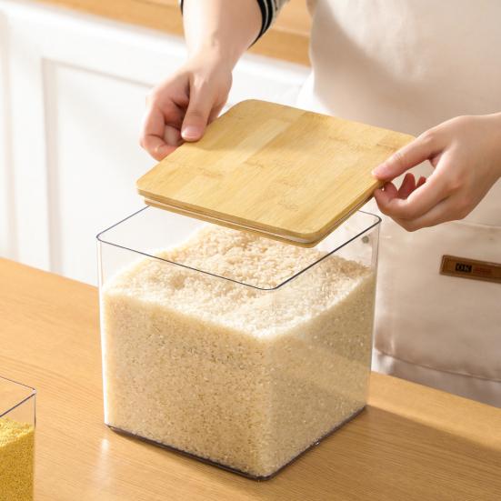 Large Square Flour Sugar Storage Container Airtight Plastic Food Jar with Wooden Lid for Flour Sugar Cookies Rice Coffee Beans Kitchen Pantry