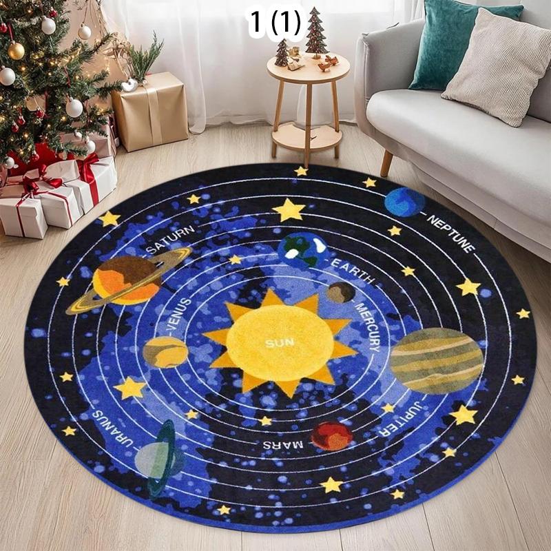 Playful 2D Solar System Round Area Rug for Playroom Bedroom Living Room Non Slip Washable Floor Mat Home Decorative Soft Carpet