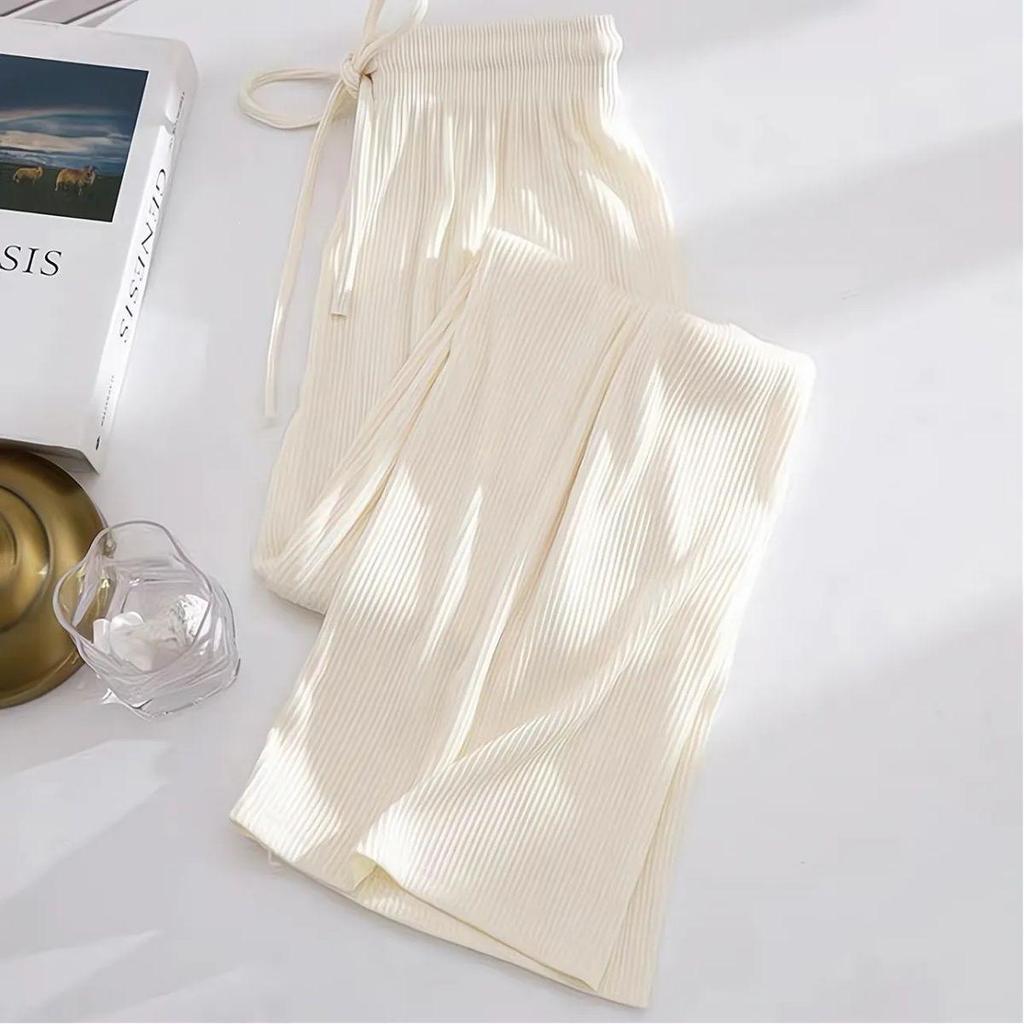 Women's Summer Ice Silk Wide-Leg Pants: One or Two-Piece Set, Korean Style, High Waist, Slimming, Floor-Length.