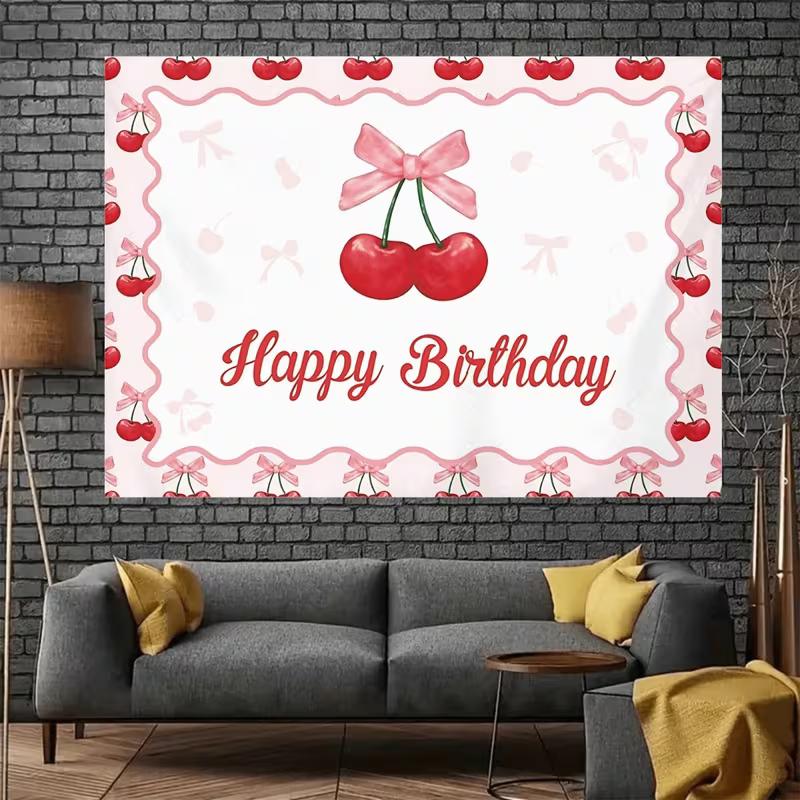 2D Watercolor Cherry with Pink Bow Happy Birthday Backdrop