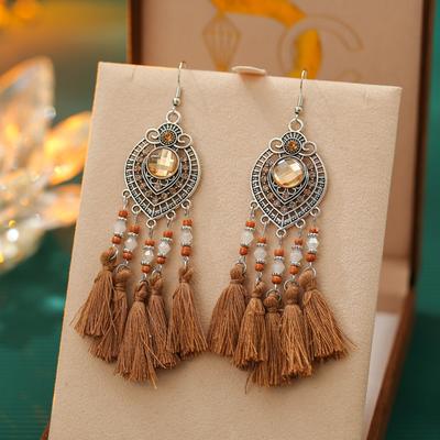Classic Ethnic Crystal Tassel Earrings for Women Vintage Palace Style Rhinestone Silver Color Alloy Handmade Earring Jewelry