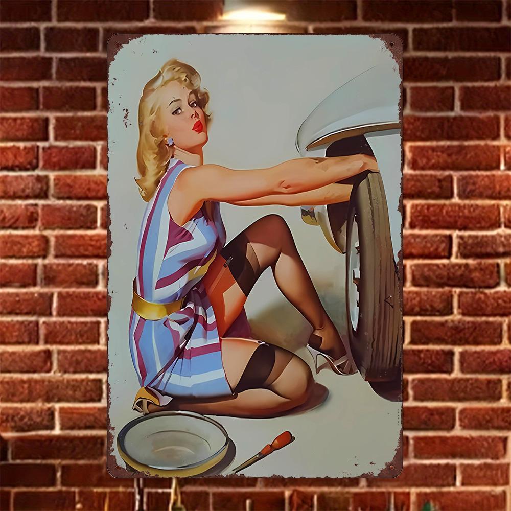 Hisun Tin Sign HD Metal Tin Sign Vintage Pin Up Girl Car Mechanic Retro Wall Decor for Garage Man Cave 20x30cm