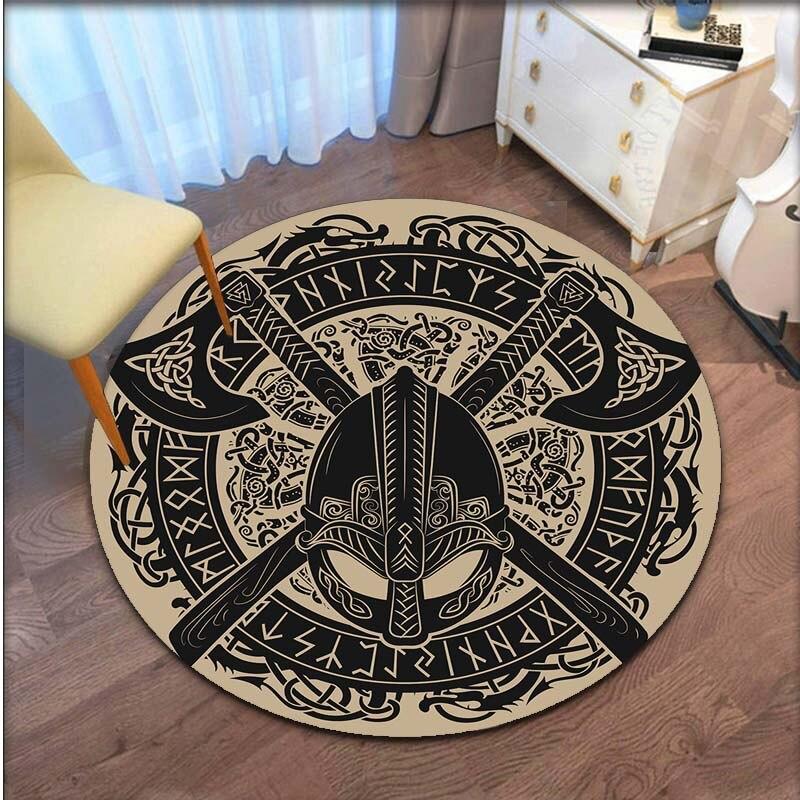 Viking Vegvisir Aegishjalmur Rune Round Carpet Rug for Bedroom Living Room Floor Mat Area Rug Large Decoration Non-Slip Mat