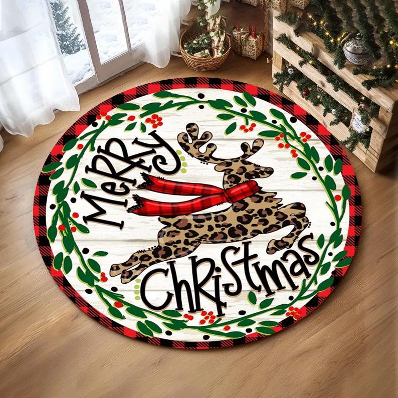 Christmas Ornaments Round Rug Merry Christmas Santa Rudolph Riding Home Mat  Living Room Decor Sofa Rug Festival Event Carpet