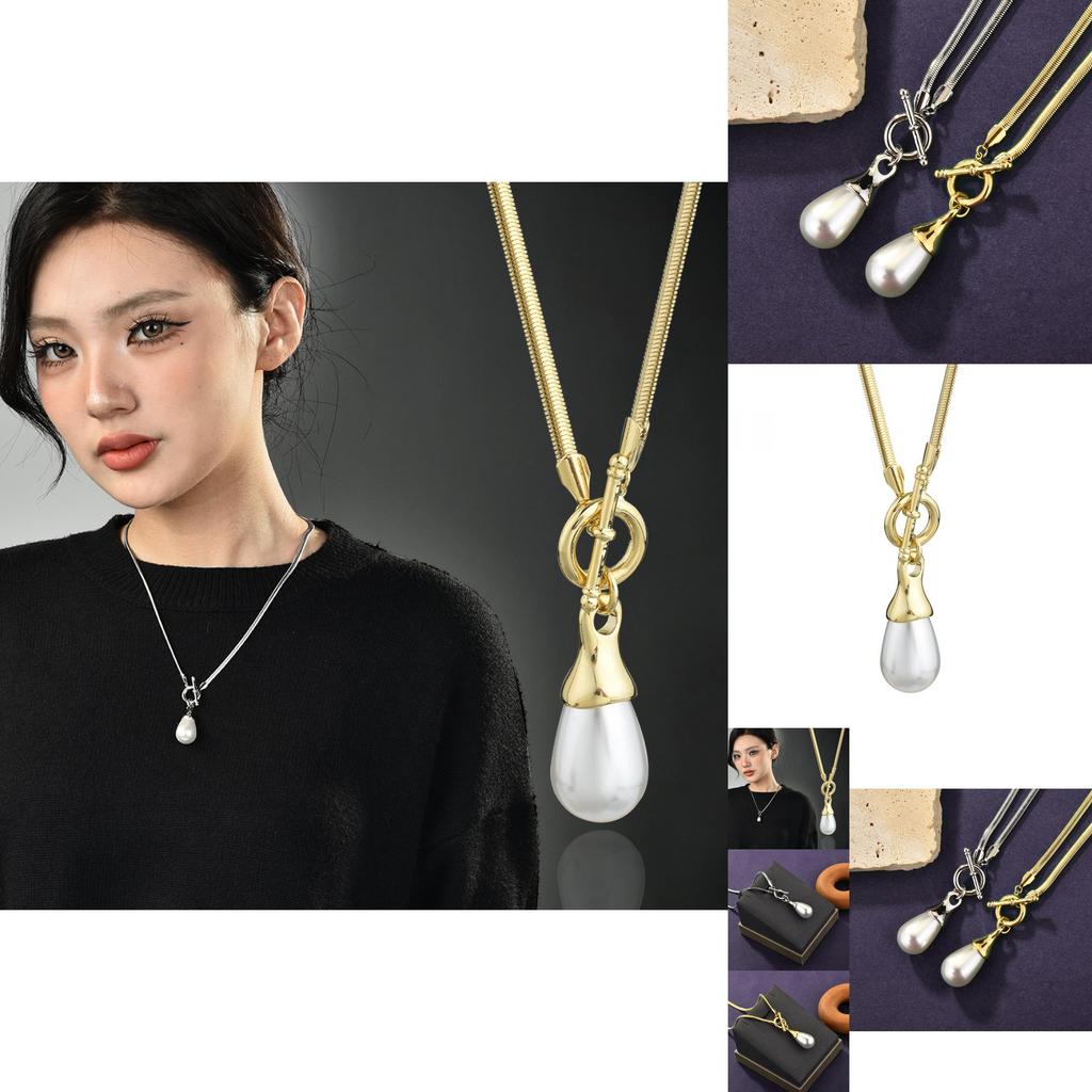 Geometric Long Elegant Necklace For Women Featuring Unique Water Drop Pearls And Stylish Elements Metal