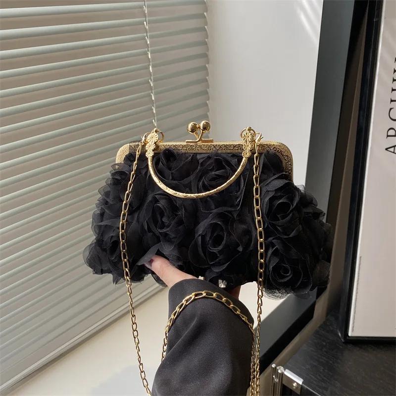 Luxe Dames Ketting Schoudertas Chiffon 3D Bloemen Banket Tas Mode Avondtassen Mode Cluch Handtas Trendy Crossbody Tas white