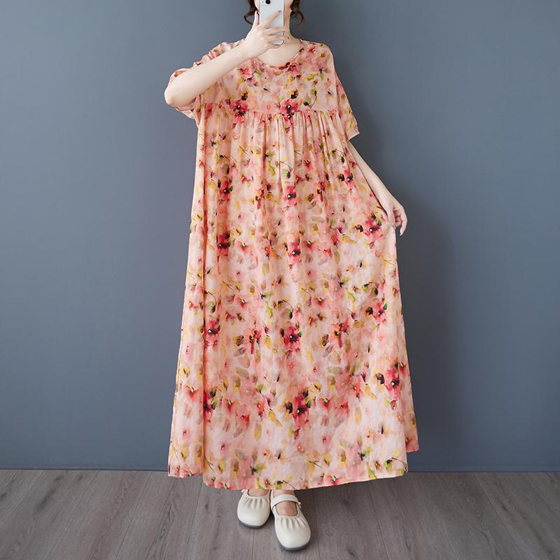 

DIMANAF 2025 Summer Women Floral Printing Plus Size Vintage Long Dress Short Sleeve Casual Basic Loose Dress One Size розовый